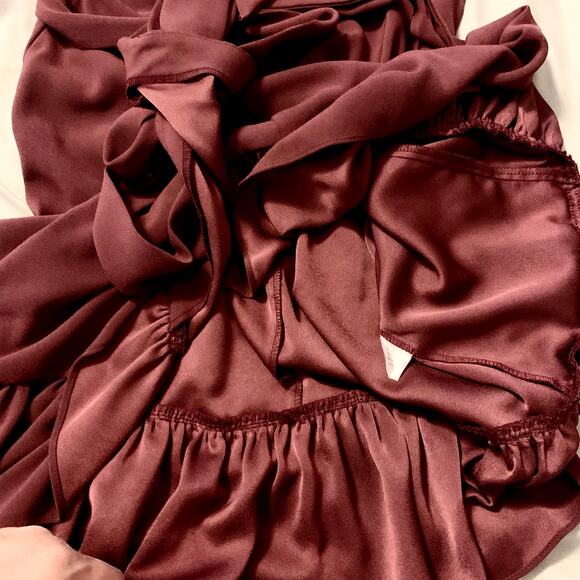 Drew Mai Drape Sleeve & Ruffle Mini Dress Small Women Burgundy Wine Tie Wrap - Picture 15 of 16